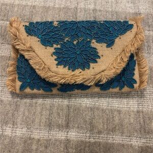 Lulu's Tan and Blue Floral Embroidered Clutch